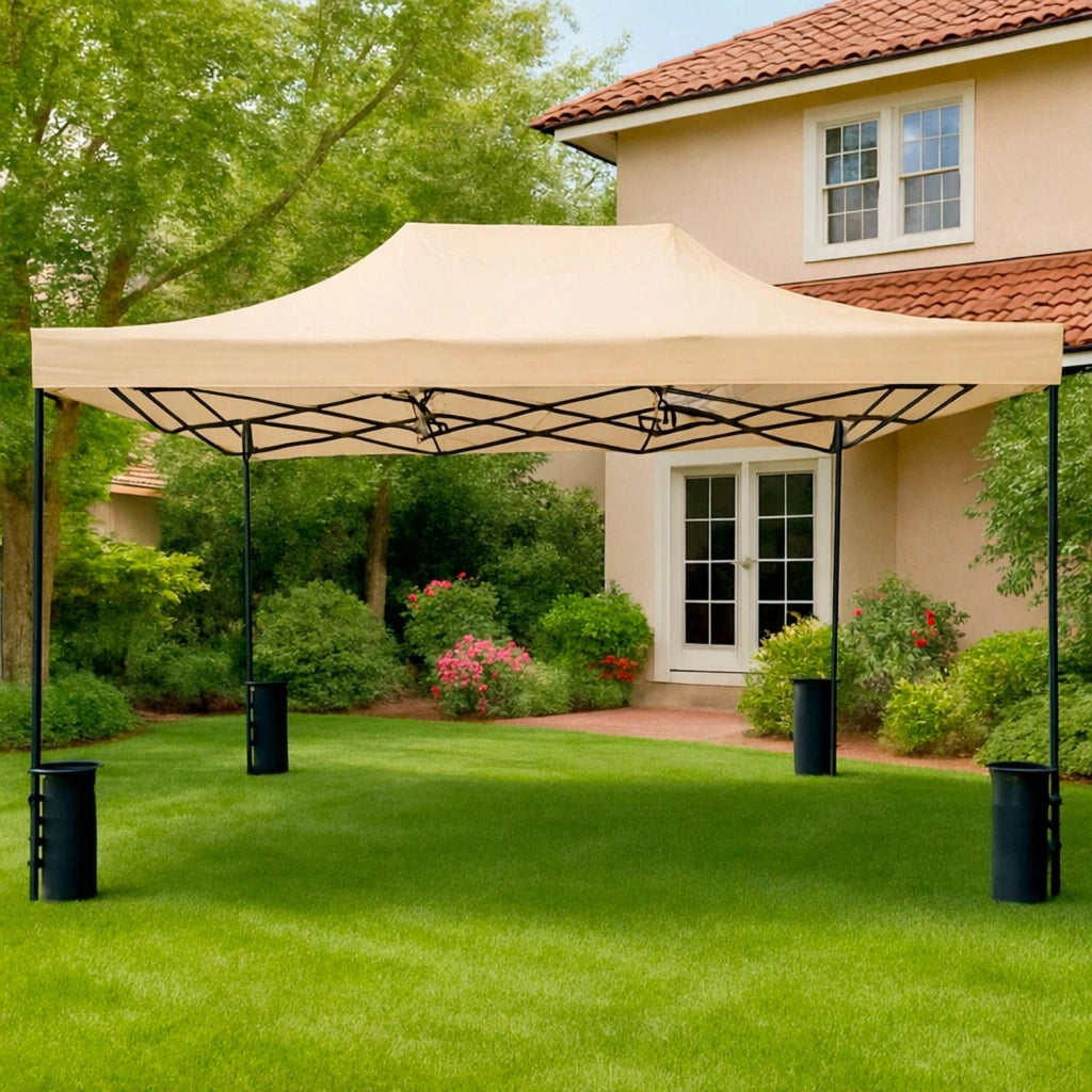 Gazebo Professionale In Acciaio Richiudibile Automatico Con Telo Oxford 1200D PVC Impermeabile E Anti UV Struttura A Fisarmonica Completo Di Sacche Zavorra E Borsa Trasporto Per Sagre Feste Eventi 3x4.5 M Beige