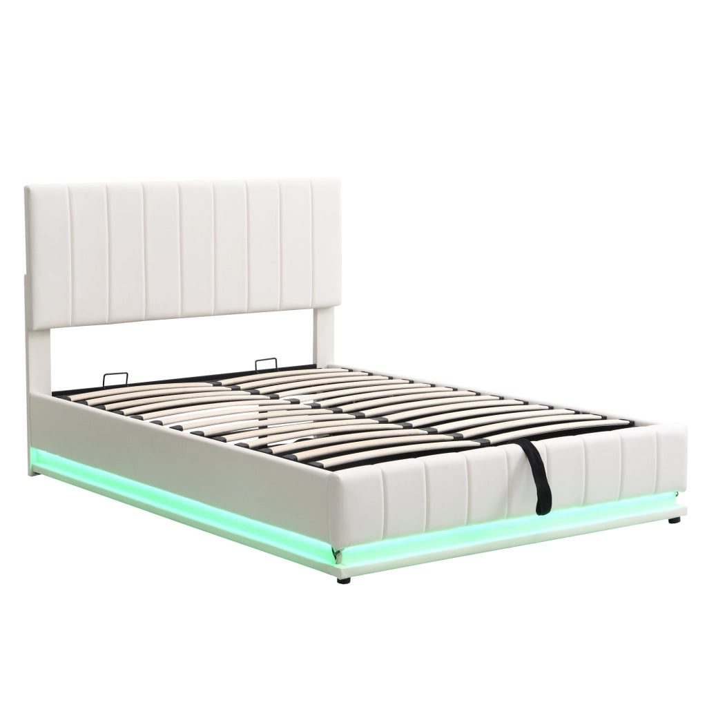 Letto Imbottito Contenitore 140x200 ¨C MINIMAL ¨C Bianco, LED, Testiera Regolabile, Idraulico