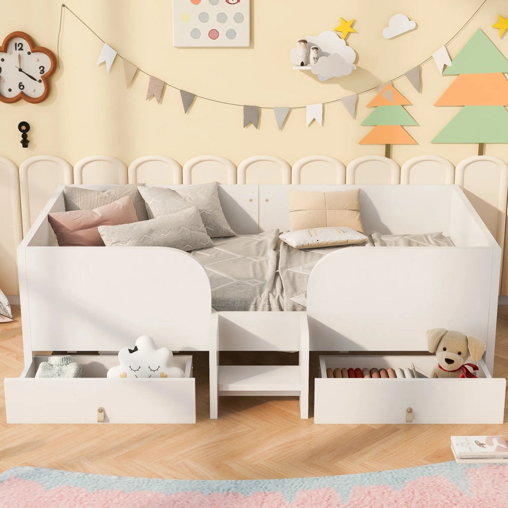 Letto singolo in legno bianco 90x200 cm con 2 grandi cassetti e piccola scala di sicurezza