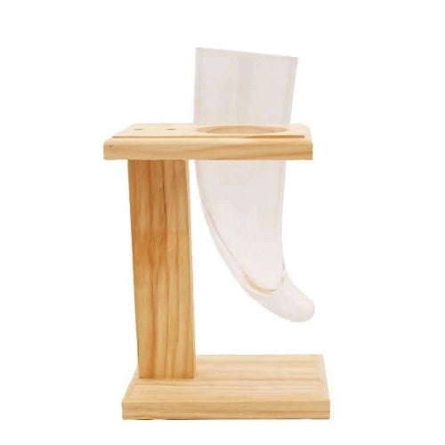 Corno birra viking in vetro con supporto in legno