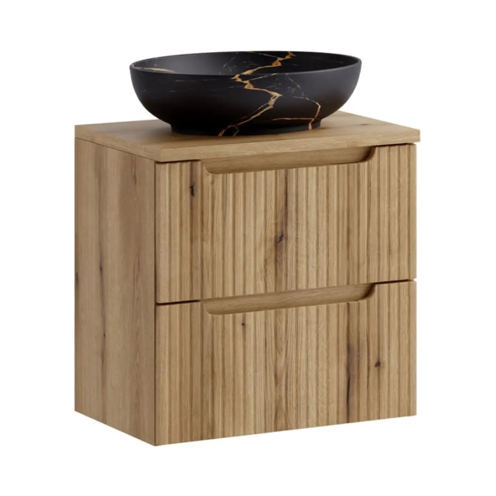 Set da bagno VANO in rovere chiaro 60cm: mobile sottolavabo con cassetti + top per lavabo + lavabo da appoggio nero marmoreo