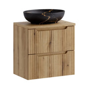 Set da bagno VANO in rovere chiaro 60cm: mobile sottolavabo con cassetti + top per lavabo + lavabo da appoggio nero marmoreo