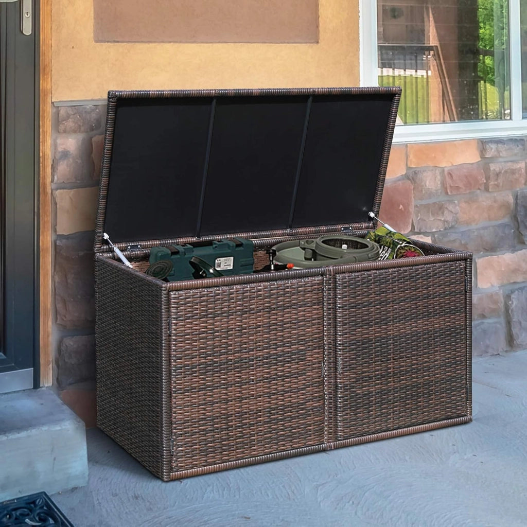 Cassapanca Per Esterni in Metallo e PE Rattan, Ideale Per Tenere in Ordine, 310 L,115 x 60 x 65/120 cm, 2 Colori (Marrone)