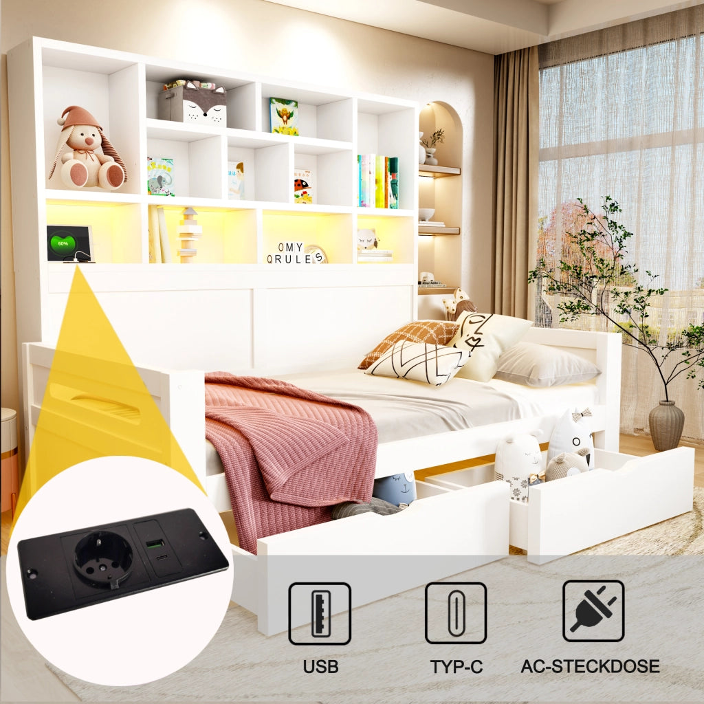 Letto singolo multifunzione 90x200 cm con armadio aperto; cassetti; LED; USB e vani portaoggetti; legno bianco