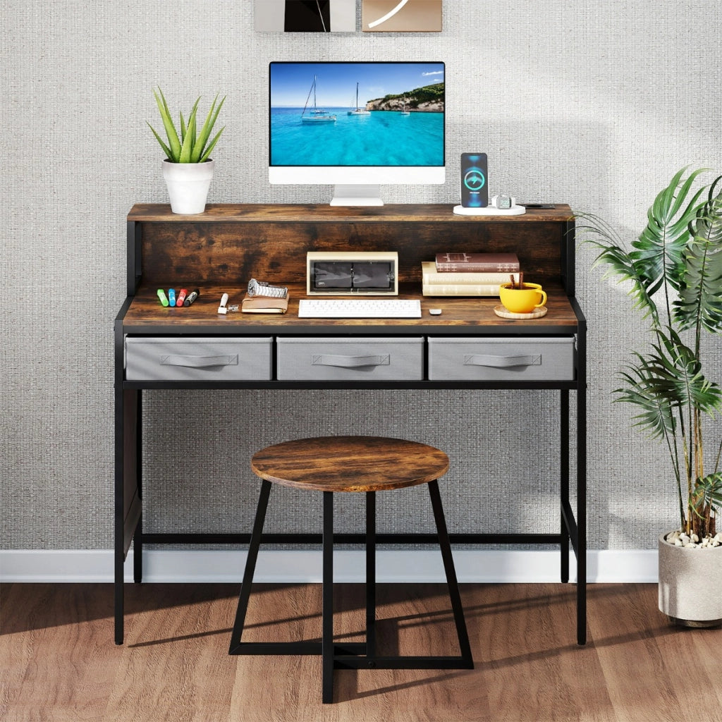 Set tavolo trucco e sgabello con supporto per monitor-Scrivania per computer con prese di corrente Marrone