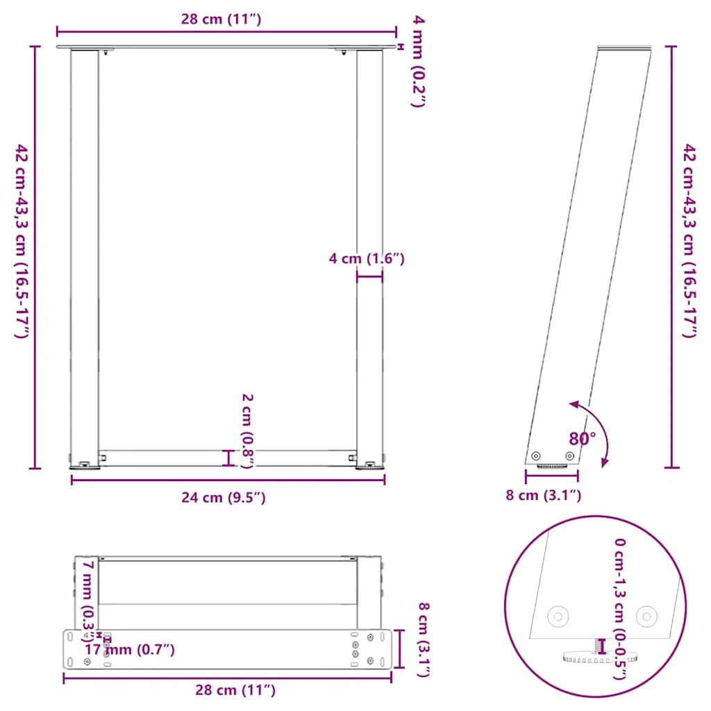 Set di 2 gambe per tavolino da caffè in acciaio angolate a forma di U 28 x 42-43 cm pratiche moderne acciaio antracite 02_0057042