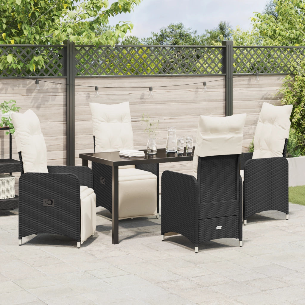 Set da Pranzo da Giardino 5 Pezzi con Cuscini Neri in Rattan Sintetico.