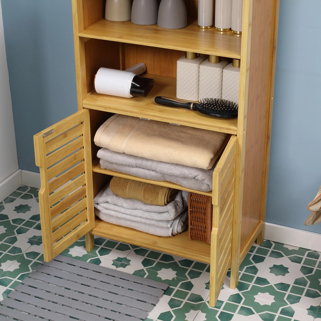 Mobile bagno in bambù con ante a lamelle, 2 vani aperti, design compatto