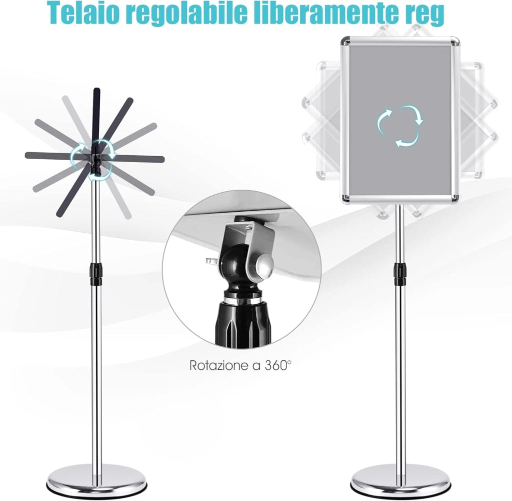 Set 2 Pezzi Supporto Poster Menù Stand per Pubblicità da Terra in Metallo, Girevole e Regolabile in Altezza, A4 / A3 (A3 Argento x 2)