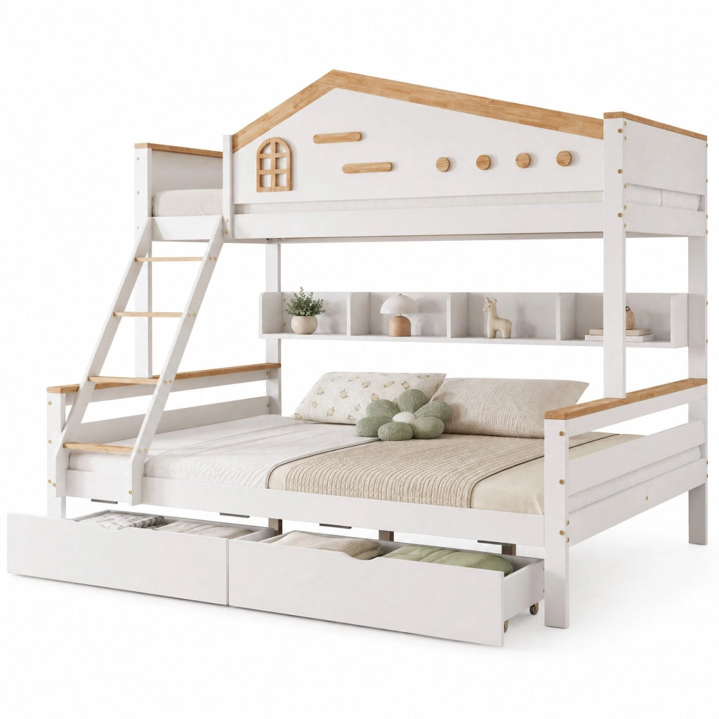 Letto a castello per bambini 90x200 e 140x200 cm con cassetti; scaffale aperto; legno e MDF bianco e naturale