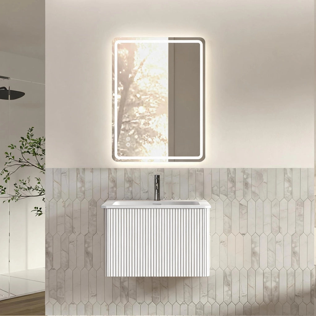 Mobile bagno con specchio con 1 cassetto; lavabo integrato e specchio LED antiappannamento per bagno; bianco
