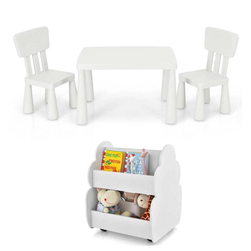 Set con tavolo e 2 sedie per bambini e libreria per bambini a 2 livelli, Set tavolo sedie bambini e libreria bimbi spaziosa