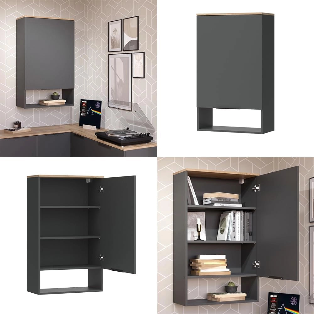 Credenza Wido, Antracite, con porta, adatto al montaggio a parete per bagno o cucina