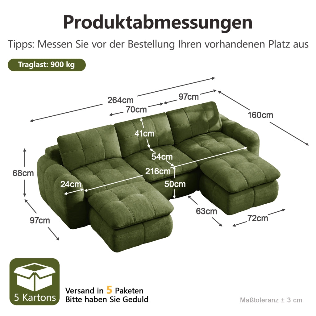 Divano modulare a U senza struttura in chenille con seduta ergonomica e due ottomani verde 264 × 160 × 68 cm