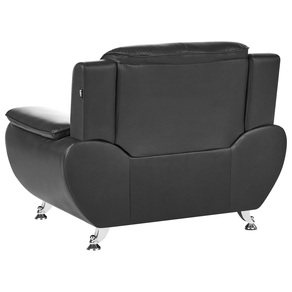 Poltrona in ecopelle vegana nero con braccioli imbottiti, gambe in metallo argentato, facile da pulire, stile moderno e glamour per il soggiorno