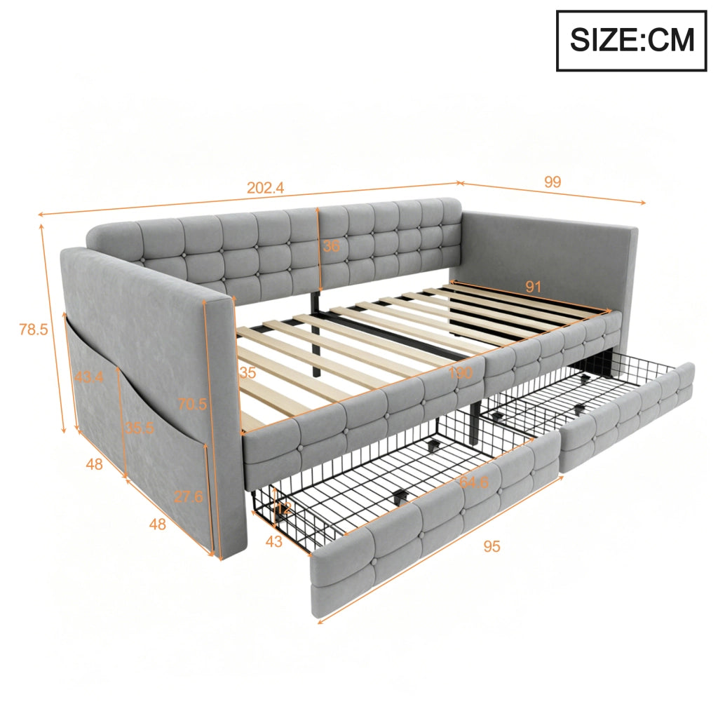 Letto imbottito 90x190 cm con testiera capitonn¨¦, 2 cassetti e tasche laterali, velluto grigio chiaro