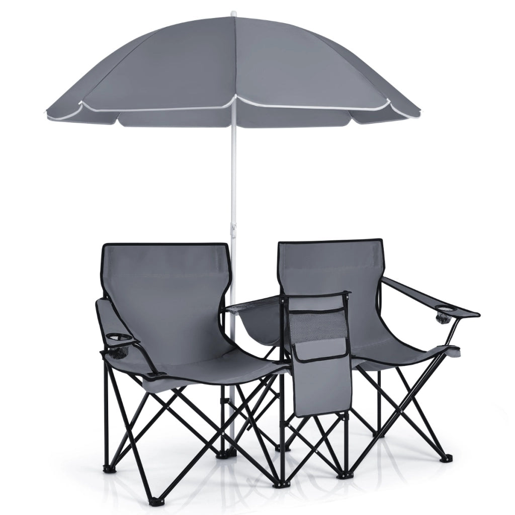 Sedia da picnic in acciaio portatile e pieghevole, Sedia da picnic con ombrellone mini tavolo porta bevande Grigio-Tavoli e sedie da campeggio