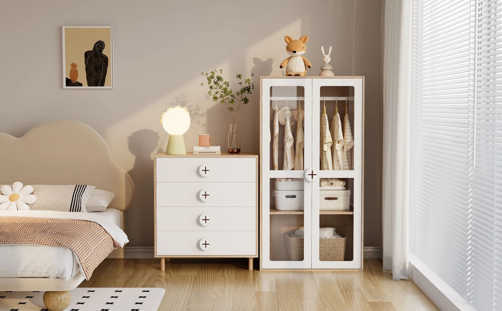Comodino con 4 cassetti 80x54x90 cm, colore Natural/White, in MDF e truciolare