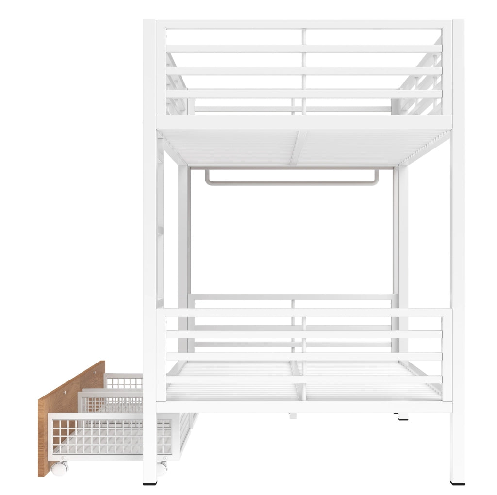 LETTO A CASTELLO 90x200 cm con LED, 2 cassetti e appendiabiti Bianco