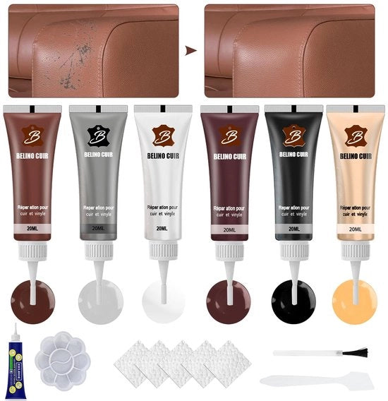 Kit di riparazione in pelle 6 colori - Riparazione della pelle - Rivestimento fluido - Adatto per mobili - 20 ml per colore - Riparazione semplice - Riparazione della pelle