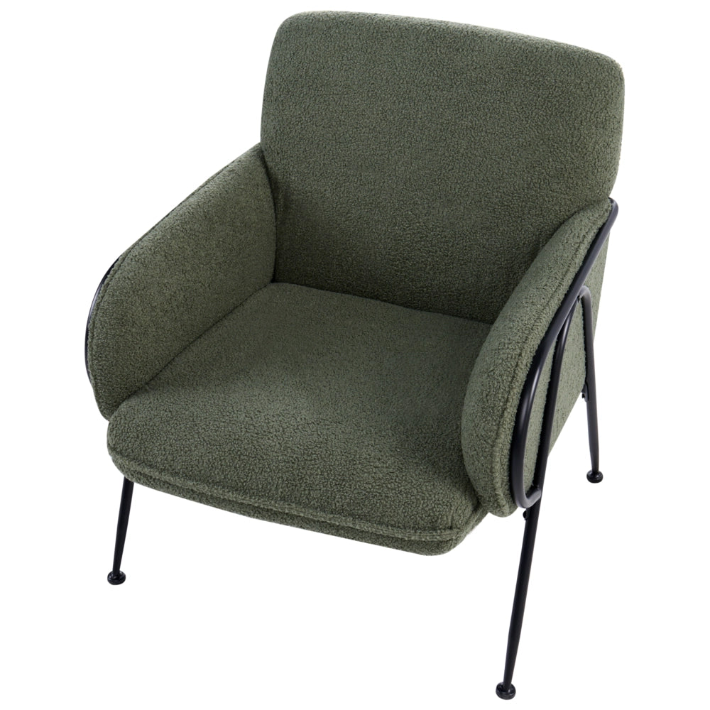 Poltrona verde con rivestimento in bouclé e struttura in metallo stile Century Modern