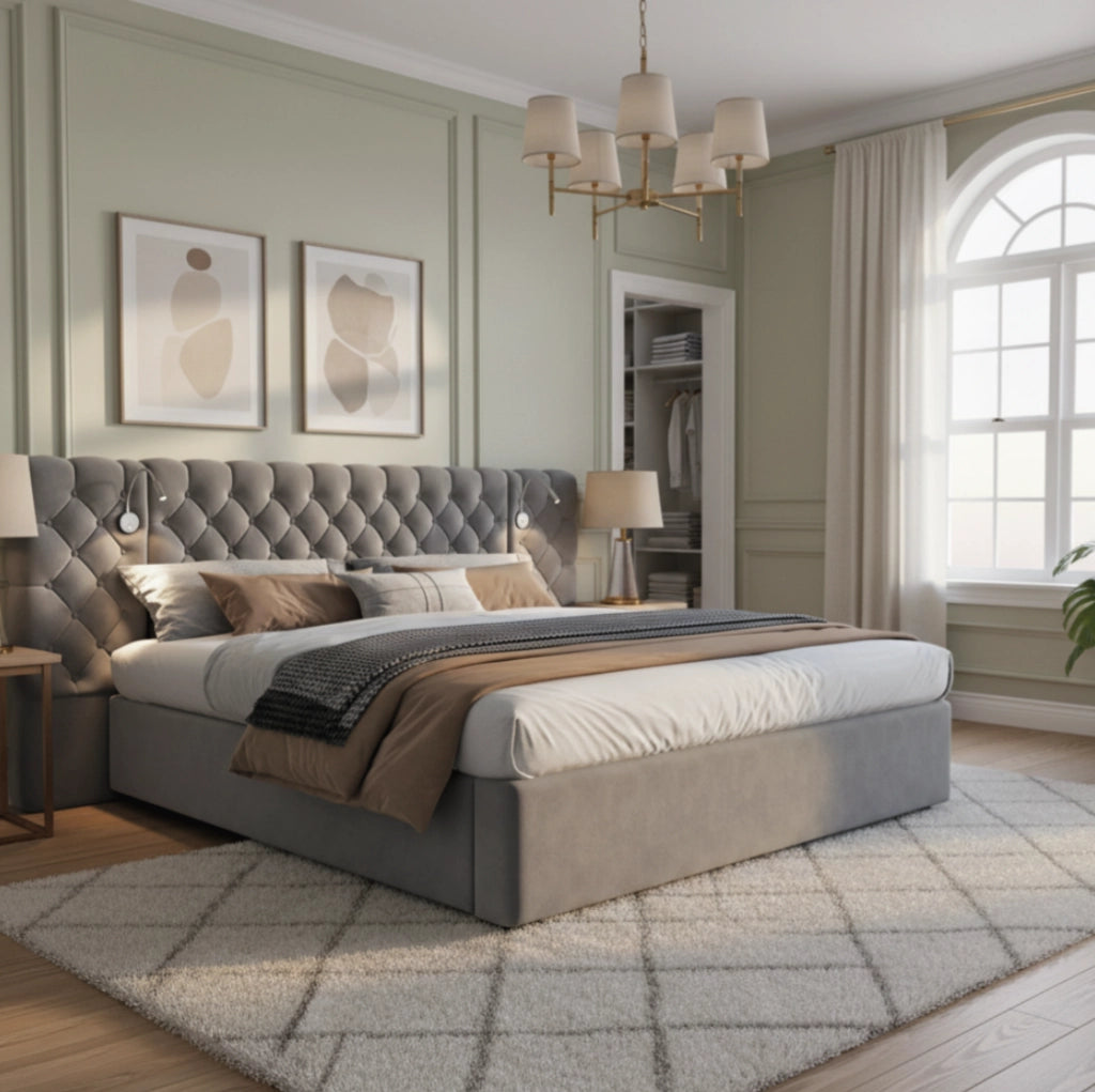 Letto matrimoniale 180x200 cm in velluto grigio con luce da lettura e contenitore idraulico