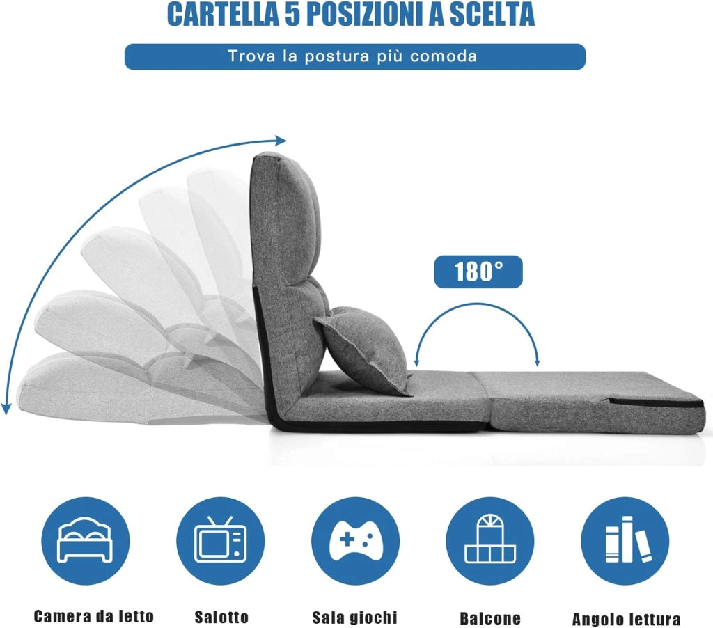 Sedia Pieghevole da Pavimento Portatile, 5 Angoli Regolabile, Cuscino da Seduta con Cuscino per la Schiena, Ideale per Soggiorno Camera da Letto (Grigio)