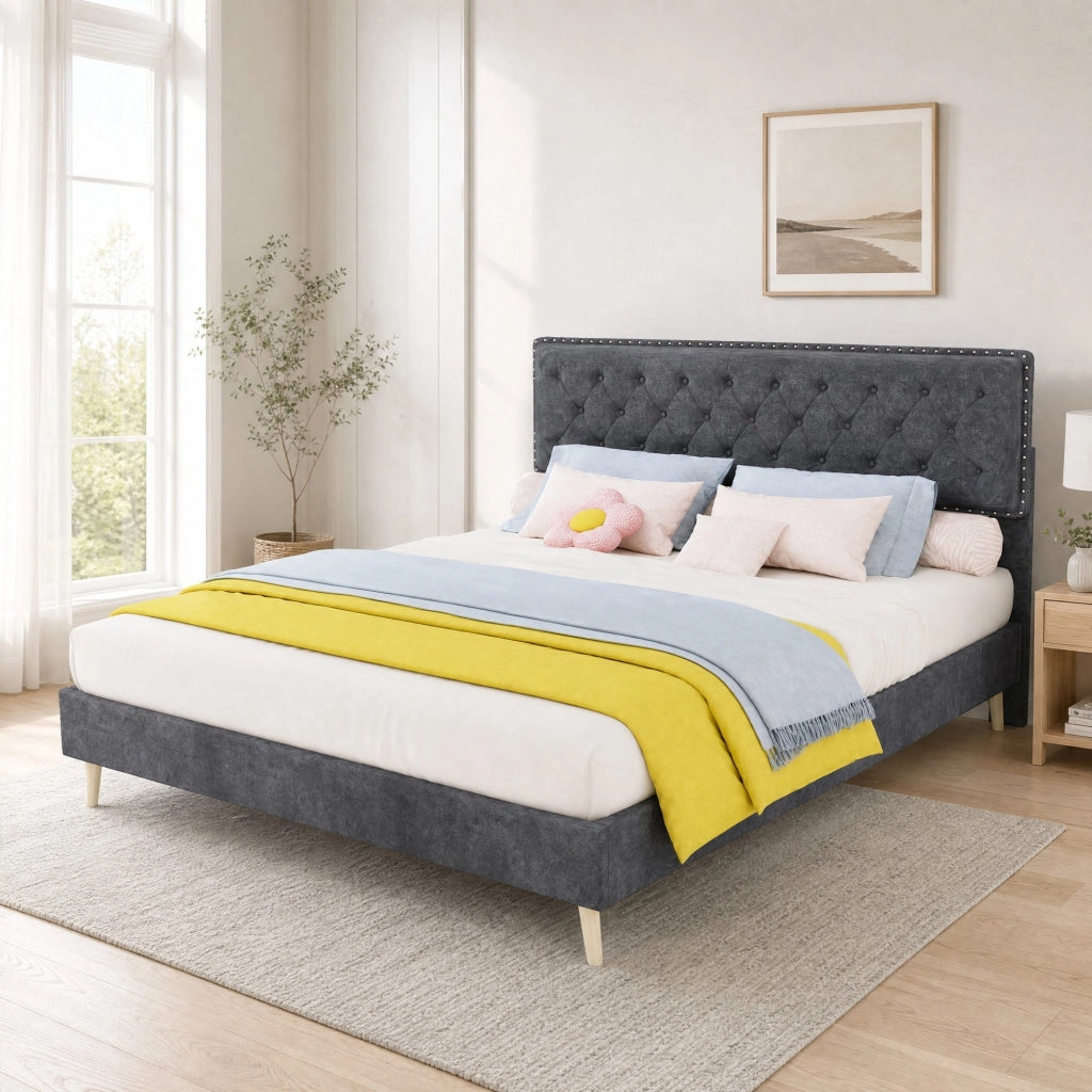 Letto matrimoniale 160x200 cm in velluto olandese e metallo, grigio