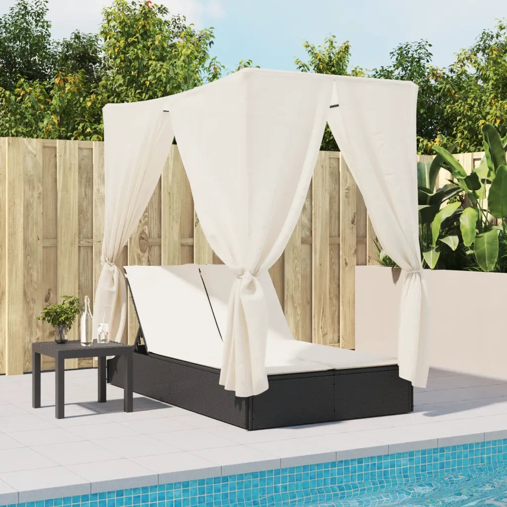 Lettino Prendisole con Tetto e Tende Nero in Polyrattan 368072