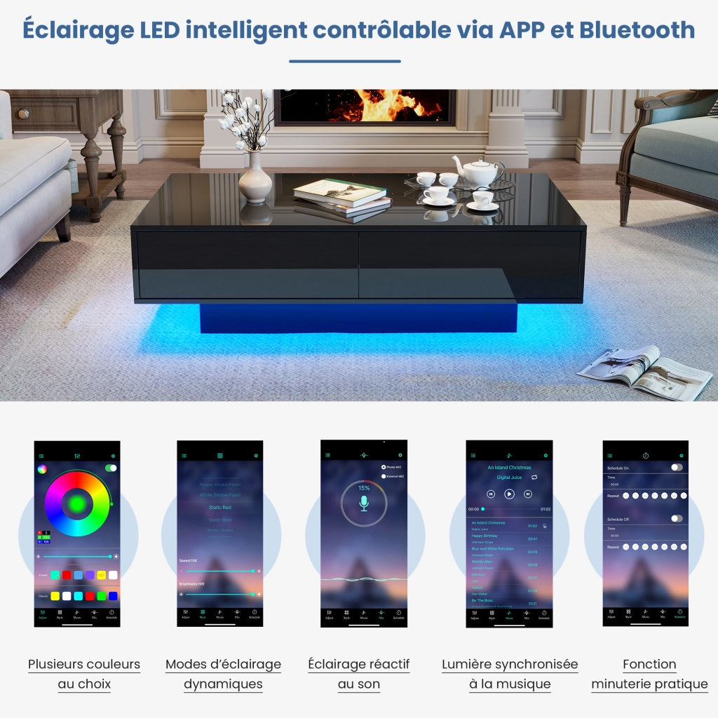 Tavolino da Salotto con 2 Cassetti e LED; Nero Lucido; Stile Moderno; in Pannello di Particelle; 115×55×34 cm