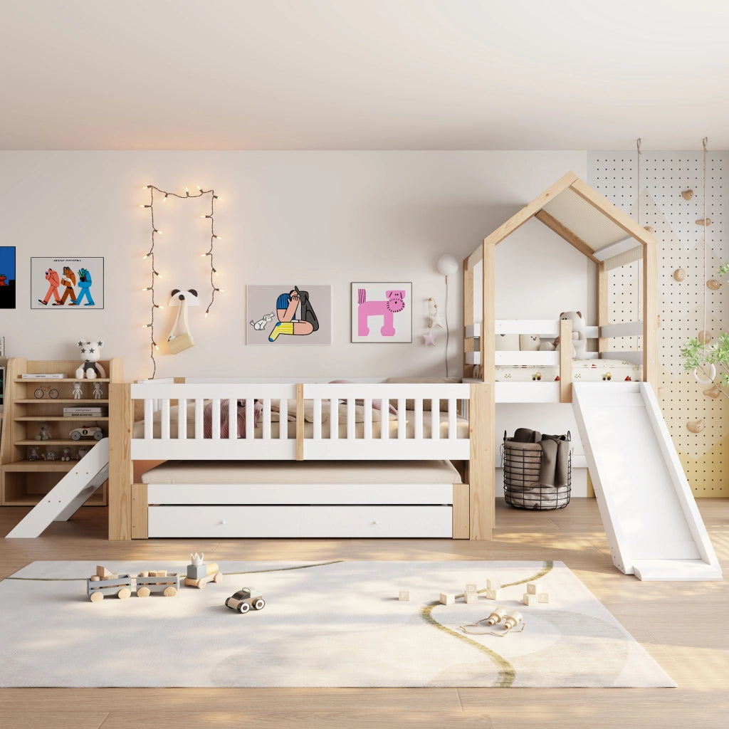 Letto bambino 90×200 cm e 90×190 cm con letto estraibile; scivolo; scala e cassetti; senza materasso; legno; bianco
