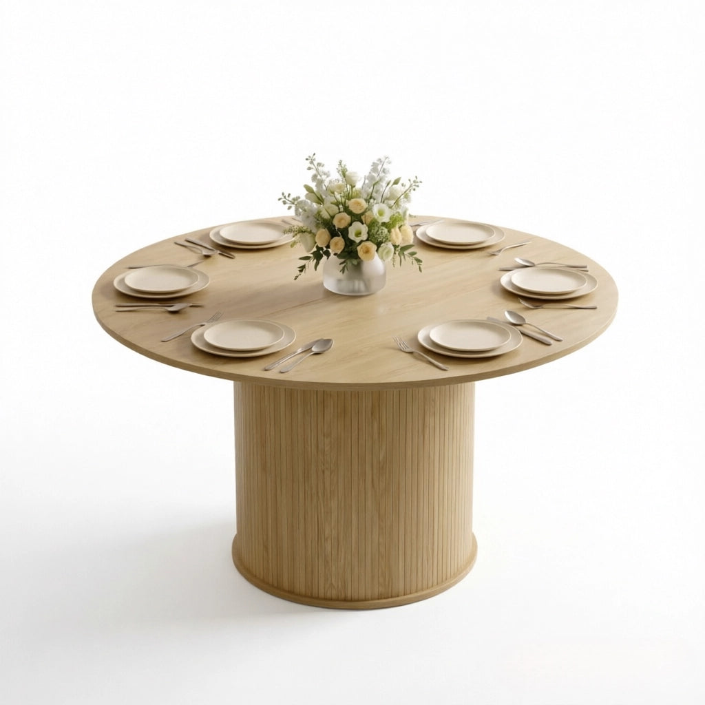 Tavolo da pranzo rotondo per 4-6 persone con base cilindrica scanalata in MDF e truciolare naturale 120 × 120 × 75 cm
