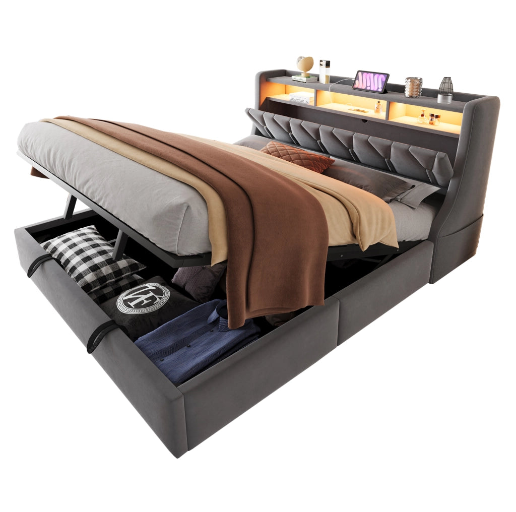 Letto imbottito 180x200 cm con contenitore idraulico; LED e prese in velluto grigio