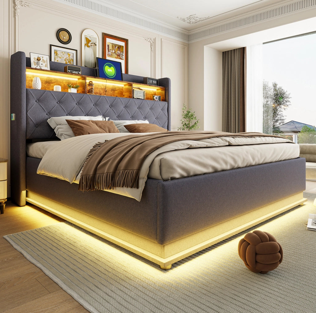 Letto imbottito 180x200 cm con LED multicolore e USB; lino; grigio