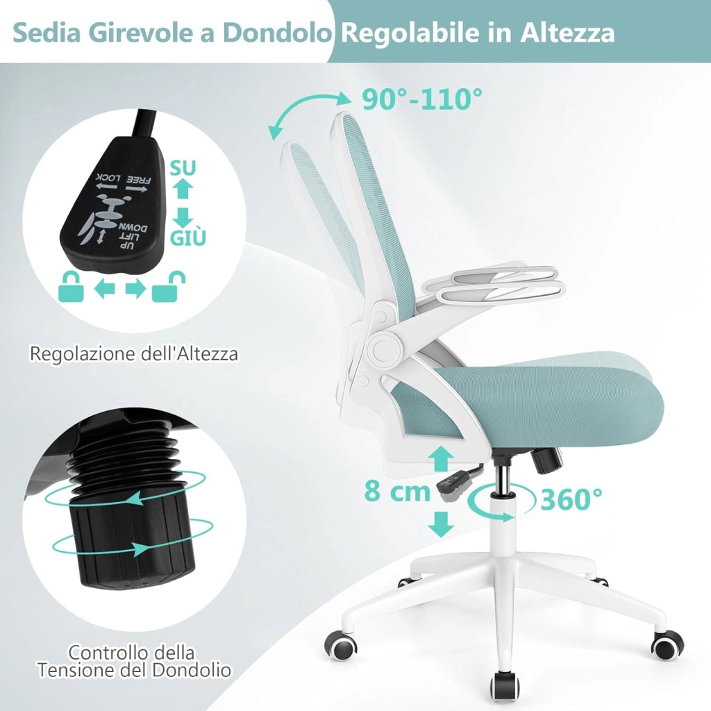 Sedia Ufficio Girevole 360°, Poltrona Scrivania con Regolabile in Altezza, Sedia da Lavoro con Supporto Lombare, Braccioli Ribaltabili, Ruote con Freni
