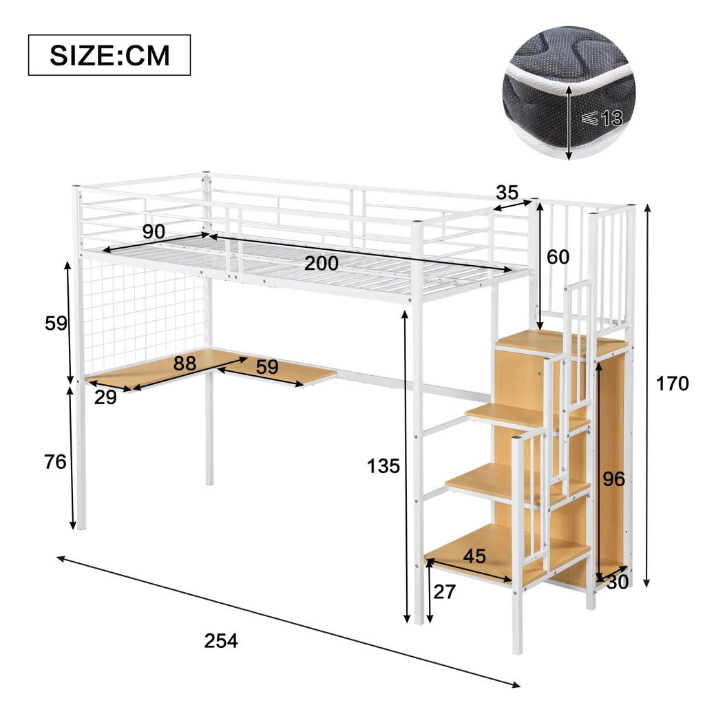 Letto a castello funzione scrivania e armadio in metallo e MDF bianco naturale 90x200 cm