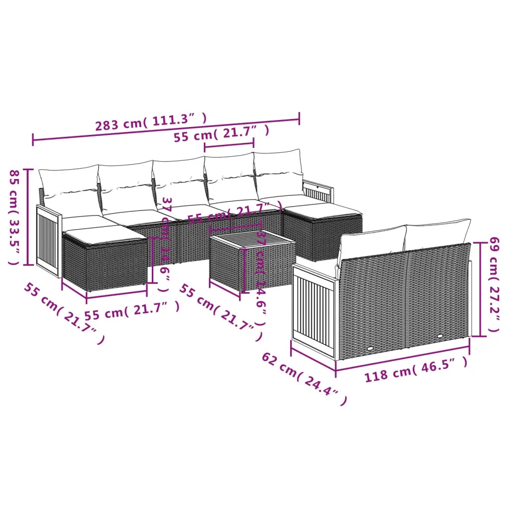 Set Divani da Giardino 10pz con Cuscini in Polyrattan Nero 3228085
