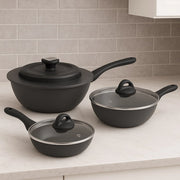 Set Padelle Alte 6pz Pietra con Coperchio Magico Antiodore Padelle 20 24 28 cm Induzione