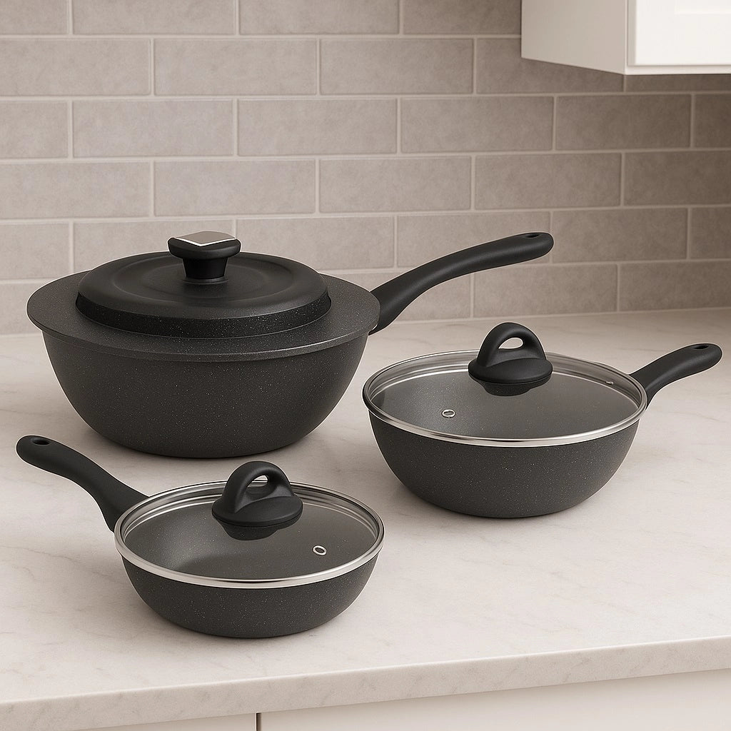 Set Padelle Alte 6pz Pietra con Coperchio Magico Antiodore Padelle 20 24 28 cm Induzione