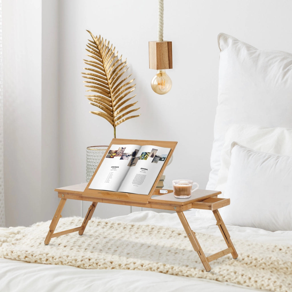 Tavolino da Letto per PC Pieghevole e Inclinabile con Cassetto. 72x35x22-30. Colore Legno