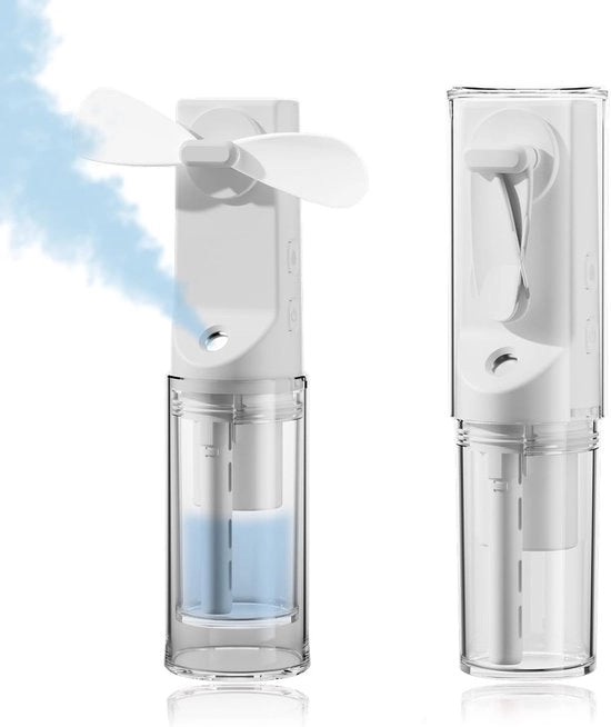 Ventilatore Manuale Mini - Mini Ventilatore con Nebulizzazione - Ventilatore con Nebulosa - 1500mAh Ricarica USB-C - 4 Velocità - Design Portatile (14cm) - Ideale per Ufficio e Viaggi - Bianco