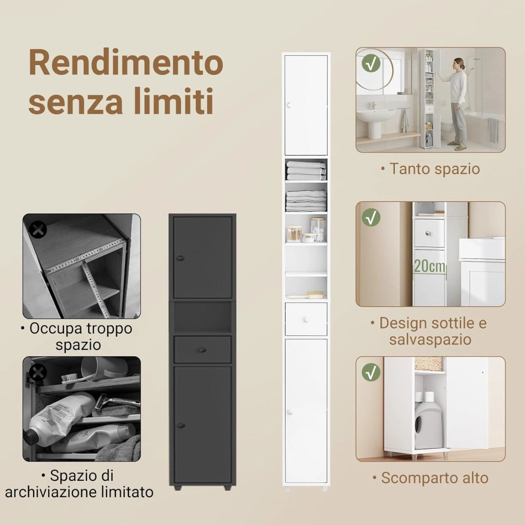 Mobile Bagno Alto e Stretto, Mobili Salvaspazio Mobiletto a Colonna da Terra con Ripiani Regolabili e Cassetto Armadietto per Bagno e Lavanderia 20×20×180 cm BZR34-II-W