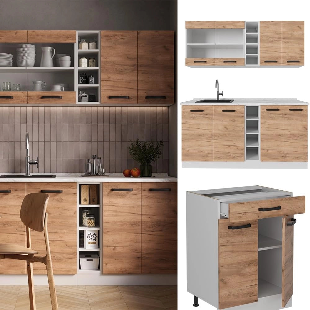 Cucina completa R-Line, Quercia dorata/bianco, 160 cm PL Rovere, con disposizione flessibile dei moduli ed espandibile