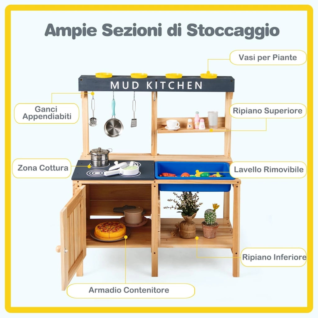 Cucina Giocattolo per Bambini, Cucina in Legno da Esterno con Lavello Removibile, Fornello, Pentole e Ripiani, Cucinetta Giocattolo Interattiva con Accessori per Bambini 3-8 Anni, Naturale