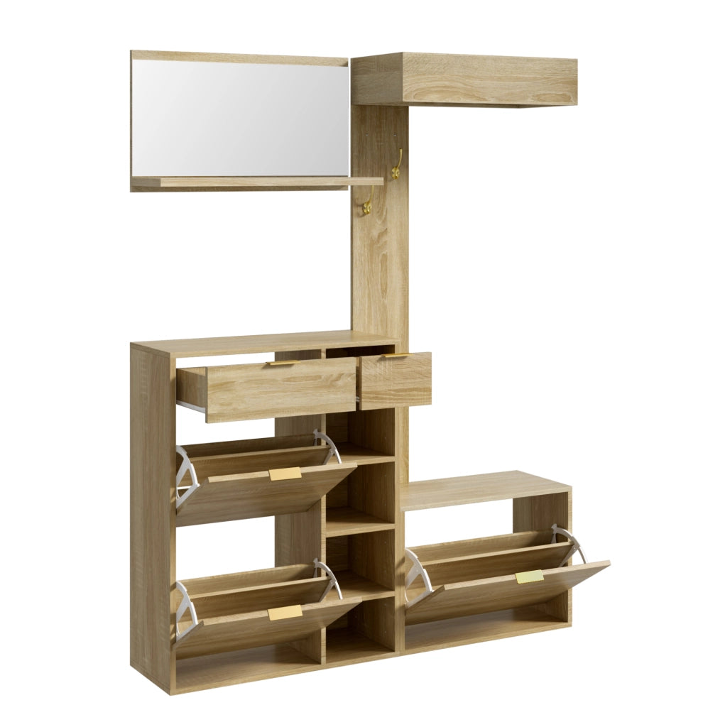 Set guardaroba 4 pezzi con scarpiera, panca, specchio e appendiabiti 130x30x174 cm, mobili per ingresso in truciolato naturale