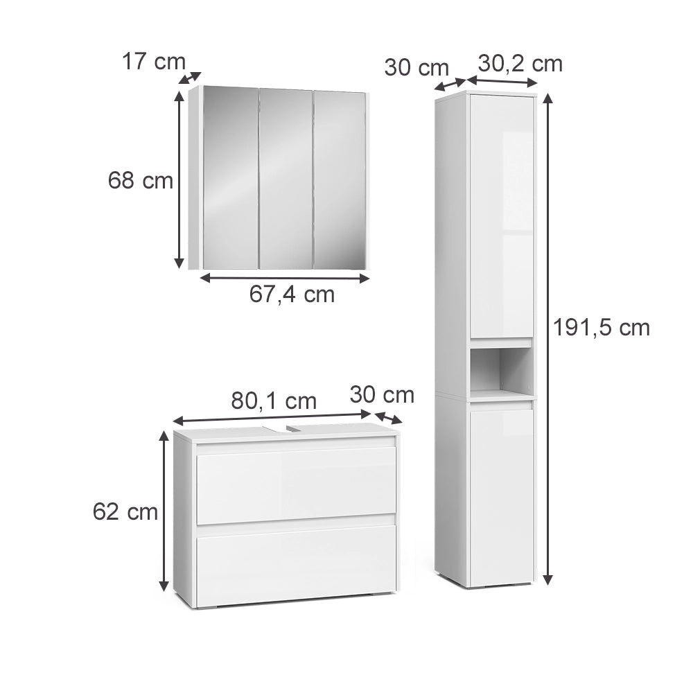 Vicco Set di mobili da bagno Bianco/bianco lucido 3 parti