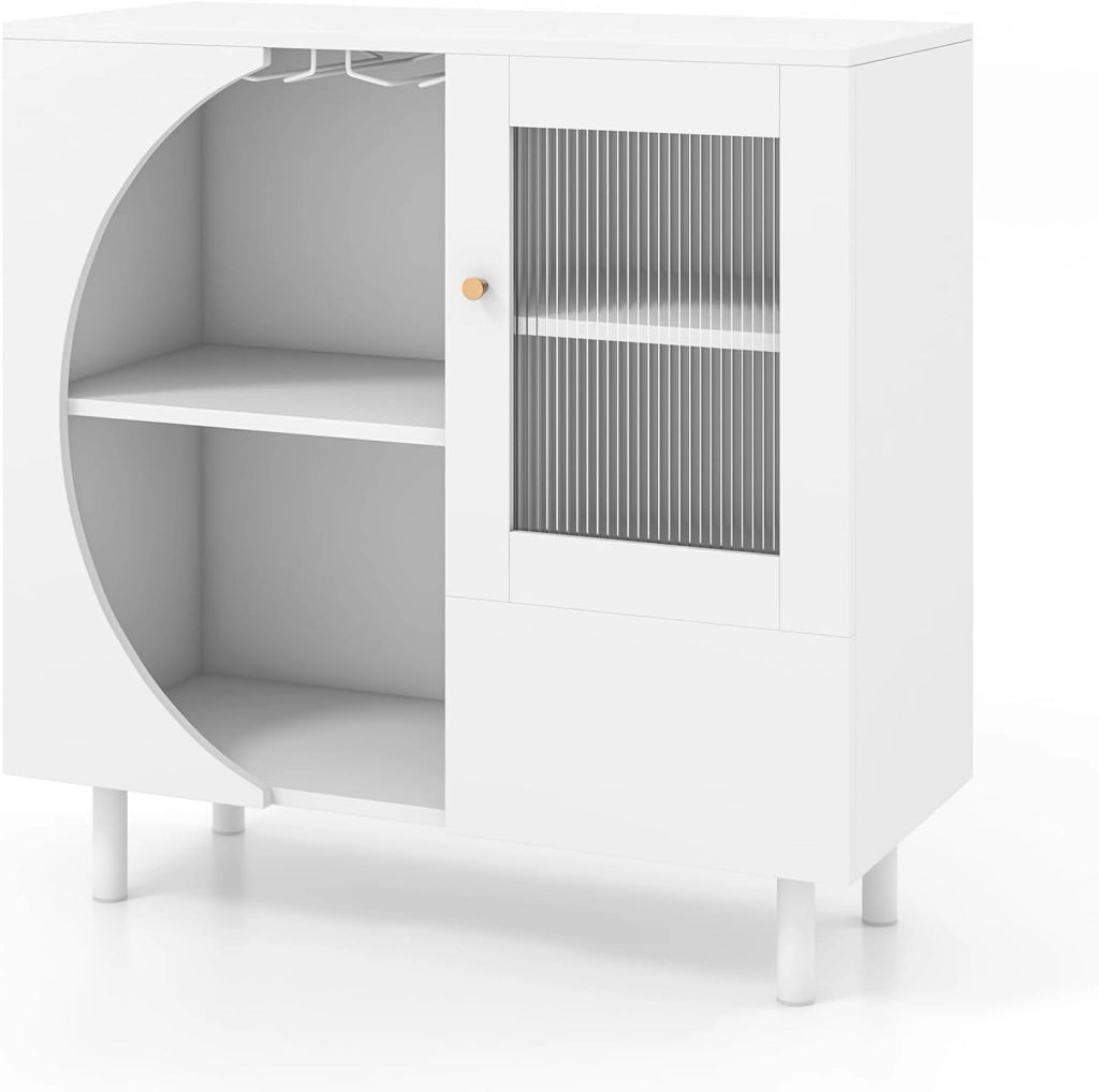 Mobiletto Moderno da Cucina, Credenza con Porta Calici, 2 Ripiani Aperti, Anta in Vetro Temperato, Cassetto, Mobile Bar Salvaspazio in Legno per Cucina, Sala da Pranzo, Soggiorno, Bianco