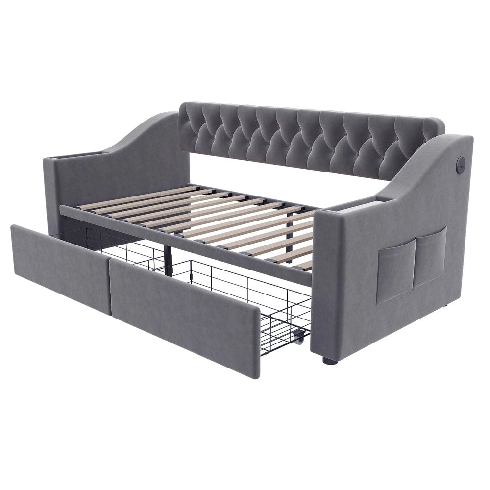 Letto Imbottito con Cassetto e USB ¨C MINIMAL ¨C Velluto Grigio Scuro 90x190