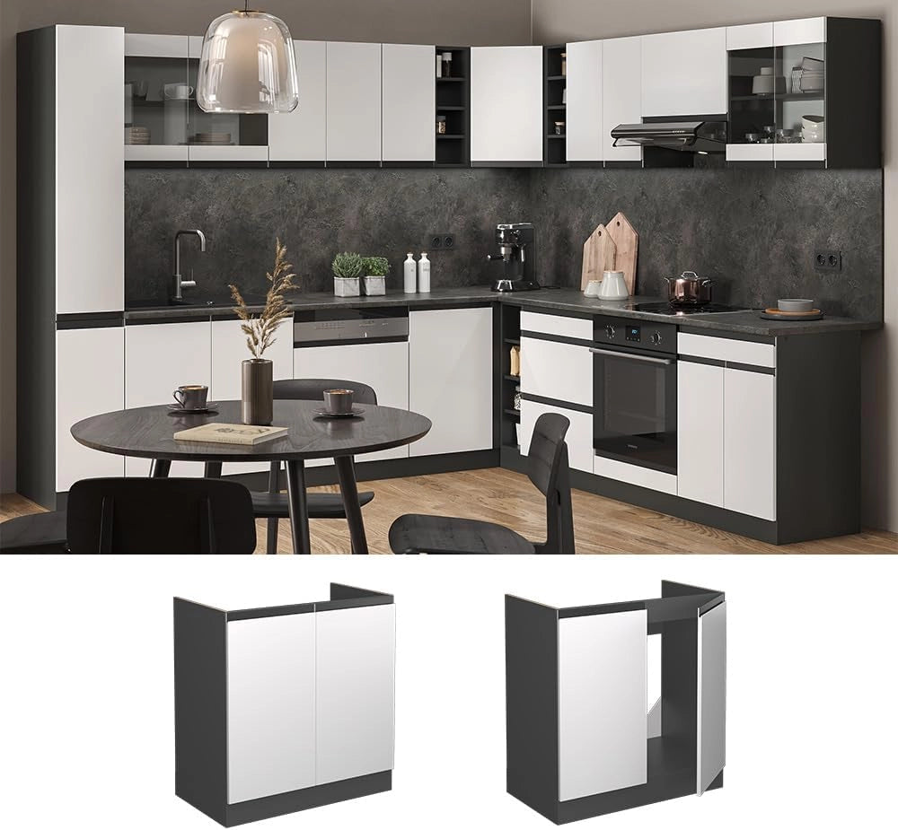 Mobile lavello cucina R-Line, Bianco, 80 cm Forma a J, senza piano di lavoro, per la libera combinazione all'interno di sistemi cucina modulari