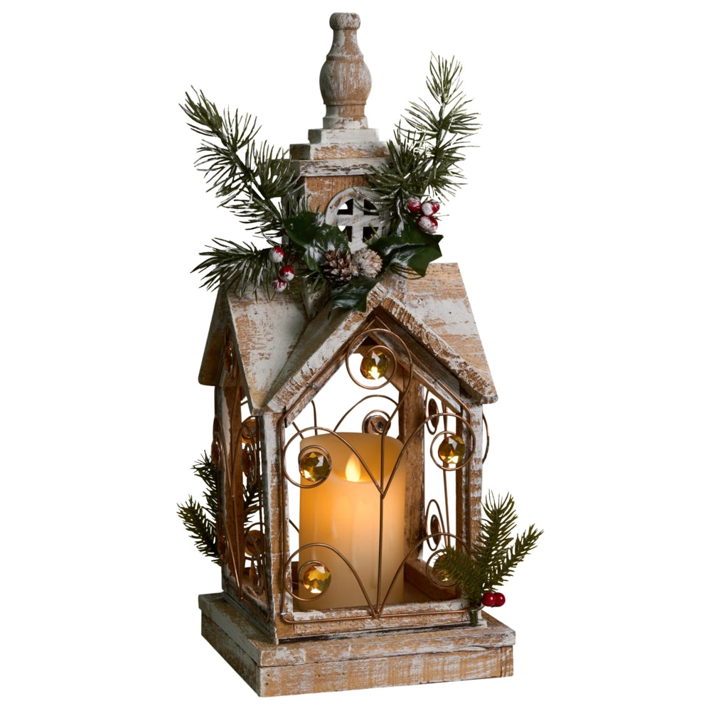 Lanterna LED in legno di abete marrone chiaro Decorazione natalizia tradizionale fatta a mano